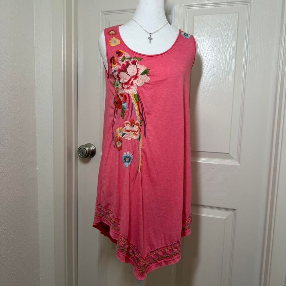 Vibrant Pink Embroidered Flower Johnny Was Tunic Tank Dress Sz S EUC